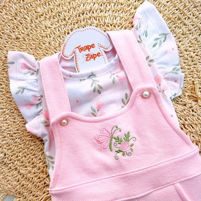  Conj. Blusa e Jardineira Borboleta Bordada - Rosa